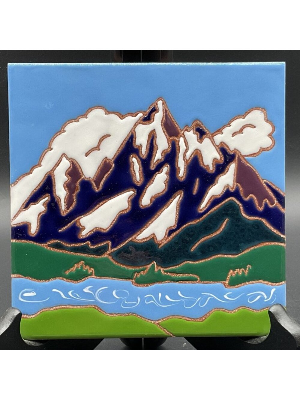 Hand Painted Teton Mountain Tile Snow-Capped Peaks & River View By Linda H 6"H